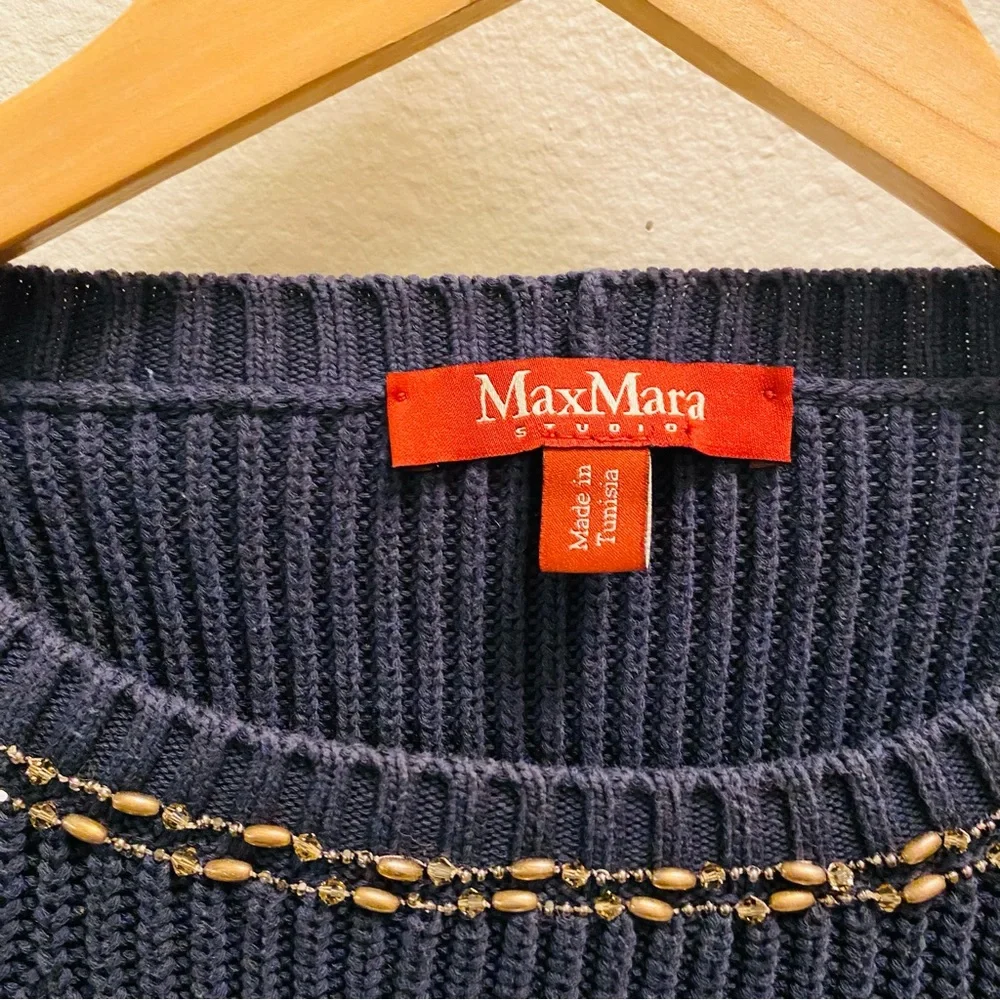 MAXMARA STUDIO Navy Heavy Knit Beaded Neckline Sweater - Picture 3 of 4